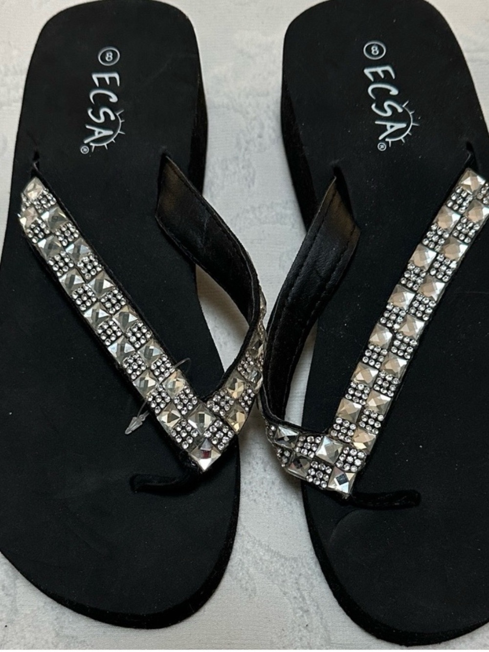 Black Rhinestone Embellished Thong Sandals